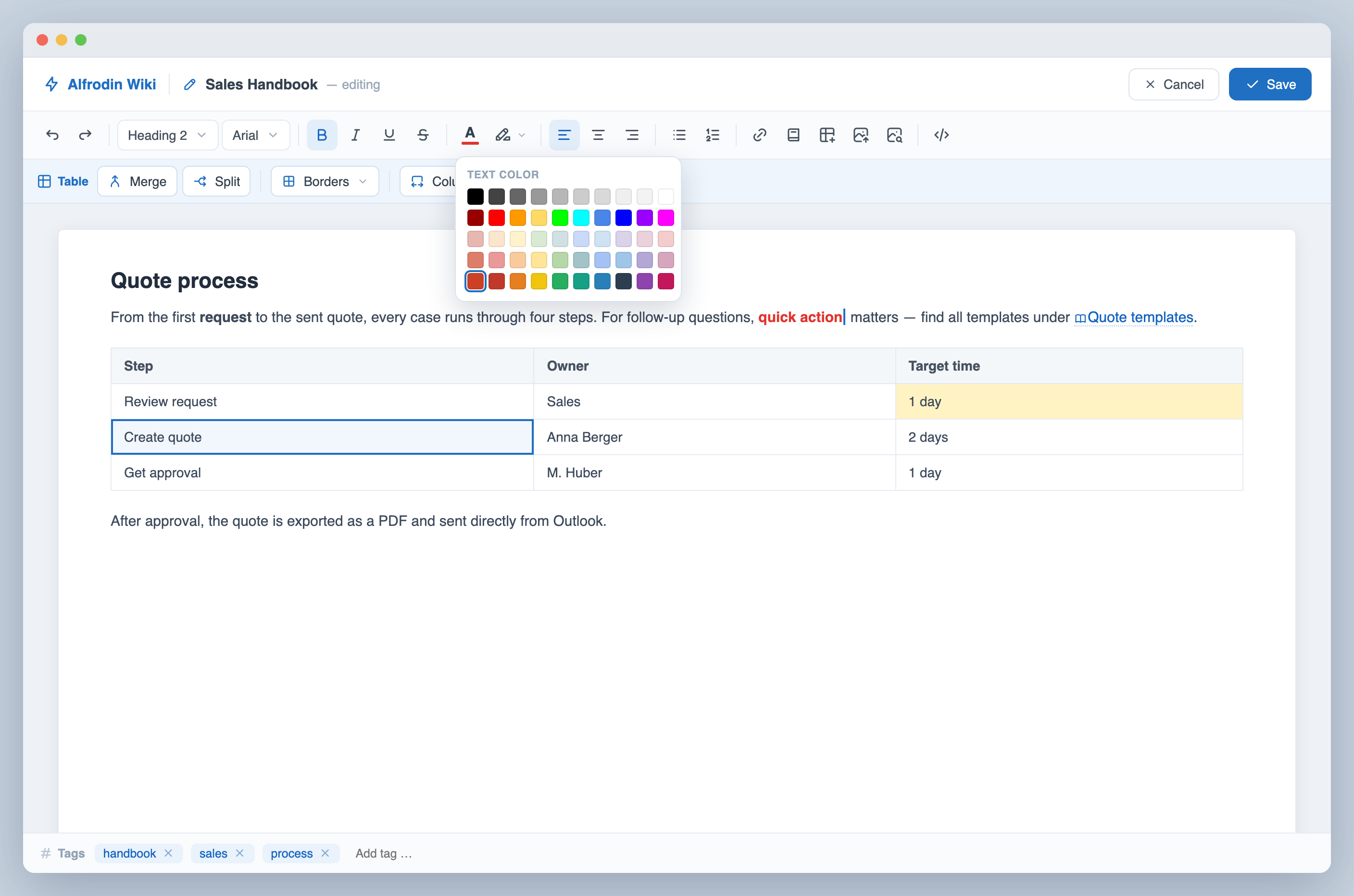 Wiki page editor with formatting toolbar and tags bar